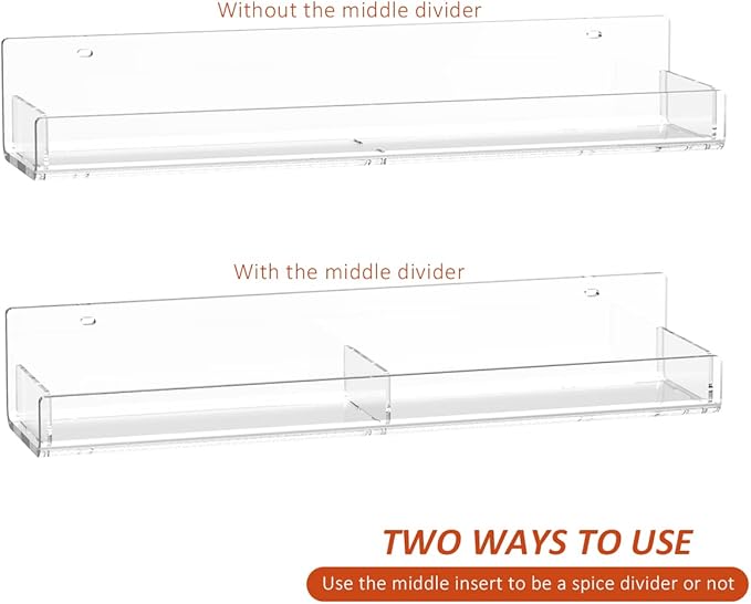 Acrylic Spice Rack Wall Mount, Hanging Spice Shelf Racks for Seasonings, Kitchen Spice Jars Wall Organizer Storage Holder, 2 Pack-CasaMuseHome