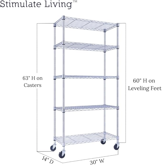 30"x14"x60" PRIME HEAVY DUTY Chrome 5-Tier Wire Shelving 1,750 LBS MAX Capacity Storage Rack for Commercial, School, Home, Garage, Warehouse, Industrial, and Hospital Uses (with Wheels)-CasaMuseHome