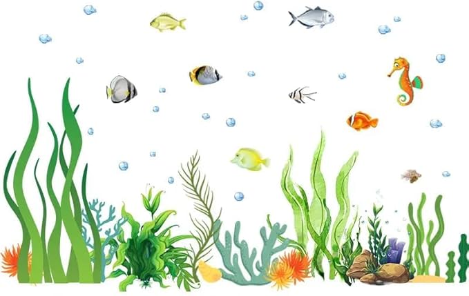2 Sheets of 12x36 Inch Spring Summer Window Cling Sticker Fish, Plants, Aquatic Theme Window Stickers, Spring and Summer Decor, Home, Shop, Party Window, Glass, Wall Display Stickers (Aquatic Theme)-CasaMuseHome