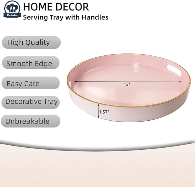 13" Pink Serving Tray with Handles,Round Decorative Tray for Coffee Table, Plastic Modern Coffee Table Tray for Ottoman, Living Room, Bathroom, Décor.-CasaMuseHome