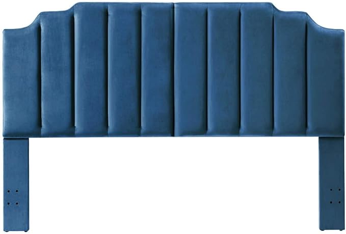 24KF Navy Blue Velvet Tufted King Upholstered Headboard, Modern Vertical Channel Design California King Headboard with Stepped Silhouette Top Edge, Navy Blue-CasaMuseHome