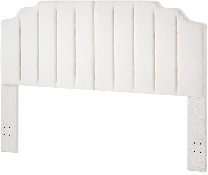24KF White Teddy Fabric Tufted King Upholstered Headboard, Modern Vertical Channel Design California King Headboard with Stepped Silhouette Top Edge,6026-K-Teddy White-CasaMuseHome