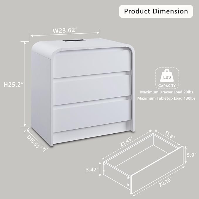 25" Tall Modern Nightstand Set of 2, 23.6" Wide Wood Bedside Table with Charging Station, 3 Storage Drawers Side Table w/Curved Profile Design, End Table for Bedroom, White-CasaMuseHome