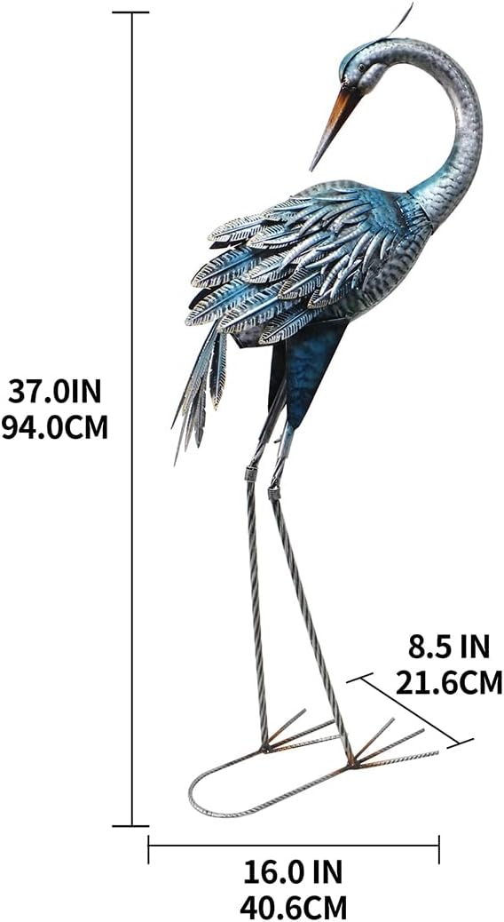 37 Inch Blue Heron Crane Statue, Metal Yard Art Outdoor Decoy, Garden Sculpture for Lawn/Pond Decoration, 1Pc, ORTBL-CR24053A-18-CasaMuseHome