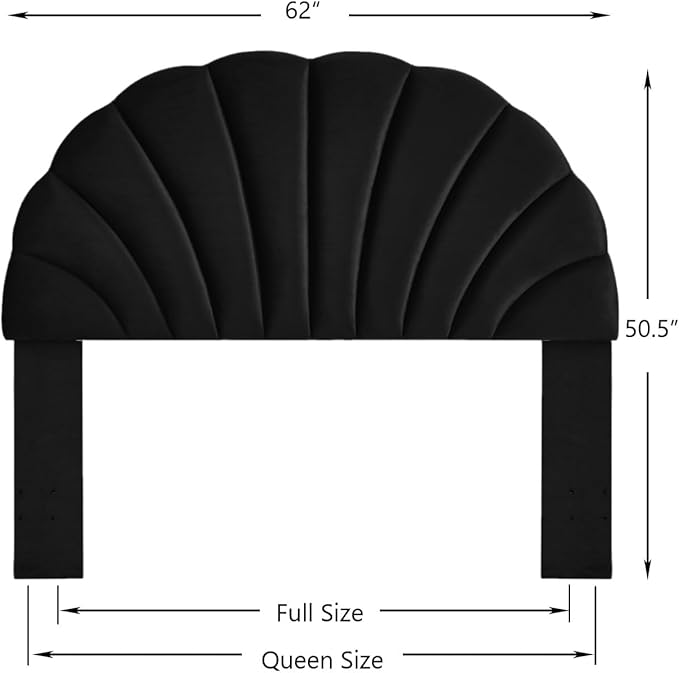 24KF Stunning Crown Design Queen Headboard, Upholstered Soft Velvet Petal Pattern Headboard Queen/Full-Black-CasaMuseHome