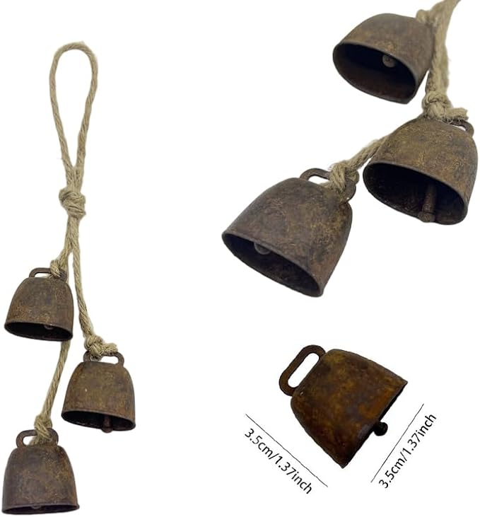 2pc Rustic Charm Bell - Handmade Hemp Rope Wind Chimes Hanging Decoration, Distressed Finish Cow Bell with Jute Hanging Rope, Perfect for Front Door, Outdoor, Window, and Home Decor,-CasaMuseHome