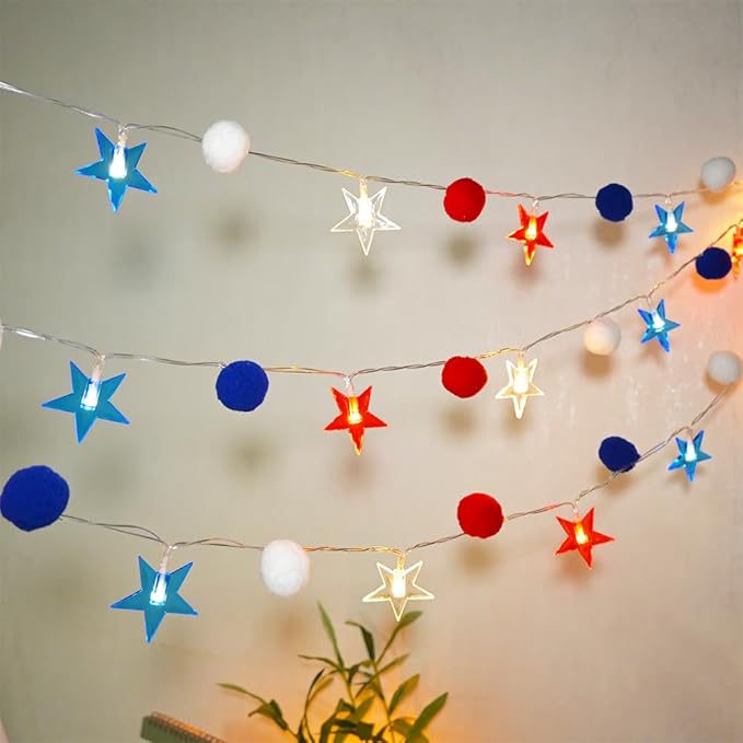 4th of July Decorations 9.85FT Red White and Blue Star String Lights Pom Pom Star Lights Battery Operated with Timer Fairy Lights for Independence Day Memorial Patriotic Fourth of July Decor for Home-CasaMuseHome