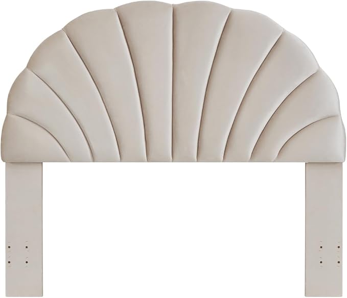 24KF Stunning Crown Design Queen Headboard, Upholstered Soft Velvet Petal Pattern Headboard Queen/Full-Beige-CasaMuseHome