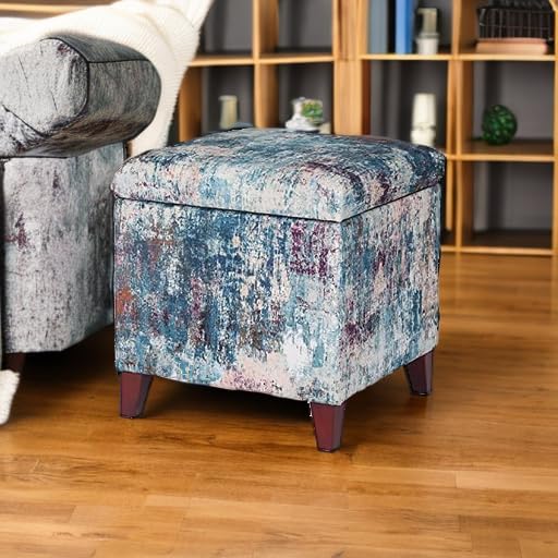 Adeco 18 Inch High Cube Ottoman Storage, Linen Chair Foot Stools, Upholstered Vanity Stool with Hinged Lid, Solid Wood Legs-CasaMuseHome