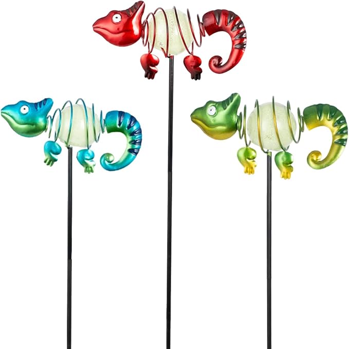 3 Pack Garden Stakes Decorative,Cute Chameleons Glow in The Dark Metal Garden Decor,Waterproof Metal Yard Art Decor for Outside,Funny Present for Mom Women Grandma-CasaMuseHome