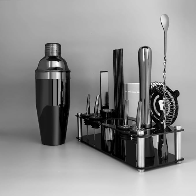 14-Piece Cocktail Shaker Set Bartender Kit with Black Stand, Bar Tool Set for Drink Mixing Bartending Kit Bar Sets Accessories: 750ml(25oz) Shaker, Jigger, Muddler, Cocktail Recipes (Black)-CasaMuseHome