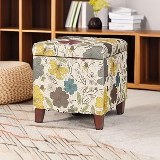 Adeco 18 Inch High Cube Ottoman Storage, Floral Printed Linen Chair Foot Stools, Upholstered Vanity Stool with Hinged Lid, Solid Wood Legs-CasaMuseHome