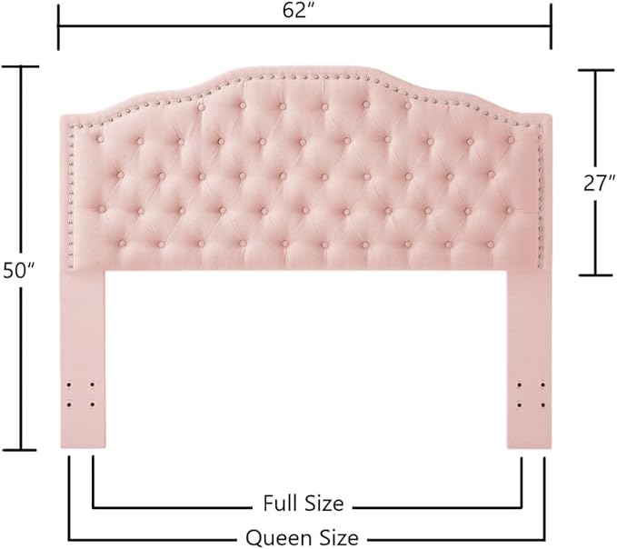 24KF Upholstered Button Tufted Queen Headboard with Nailhead Trim, Elegant Boucle Fabric Full headboard, 6031-Q-Boucle-Pink-CasaMuseHome