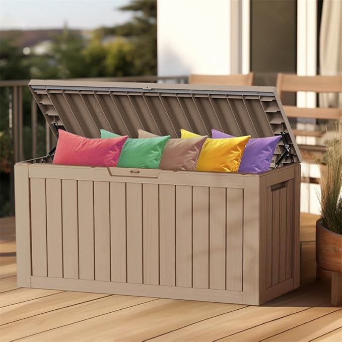 80 Gallon Outdoor Deck Box,Storage Lockable Waterproof Patio Furniture,Garden Tools,Cushions,Pool Accessories Outside Storage Resin Box(Gery)-CasaMuseHome