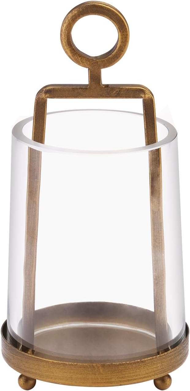 3'3" Wide Modern Metal Hurricane Lantern with Handmade Sturdy Glass Sleeve in Brass for Tealight Candle & Plants, Farmhouse Hurricane Industrial, Minimalistic, Shabby Chic (1, Brass, 3.3"x5.2")-CasaMuseHome