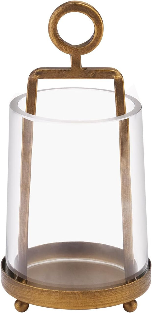 3'3" Wide Modern Metal Hurricane Lantern with Handmade Sturdy Glass Sleeve in Brass for Tealight Candle & Plants, Farmhouse Hurricane Industrial, Minimalistic, Shabby Chic (1, Brass, 3.3"x5.2")-CasaMuseHome