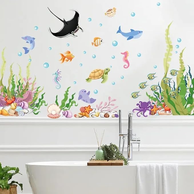 2 Sheets of 12x36 Inch Spring Summer Window Cling Sticker Fish, Plants, Aquatic Theme Window Stickers, Spring and Summer Decor, Home, Shop, Party Window, Glass, Wall Display Stickers (Aquatic Theme)-CasaMuseHome
