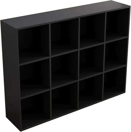 12-Cube Storage Shelf Bookcase - Wooden 3-Tier Floor Standing Open Bookshelf for Home and Office, Display Cabinet, Black-CasaMuseHome