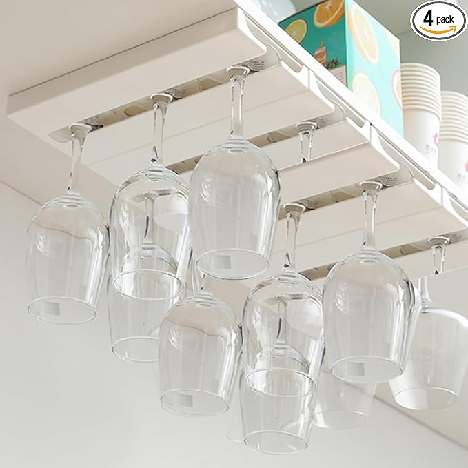 4 Pcs Wine Glass Holder Under Shelf or Cabinet Punch-free,Stemware Rack Glassware Drying Storage Hanger for Kitchen,Bar and Restaurant (White) ﻿-CasaMuseHome