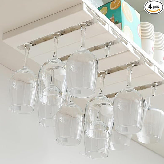 4 Pcs Wine Glass Holder Under Shelf or Cabinet Punch-free,Stemware Rack Glassware Drying Storage Hanger for Kitchen,Bar and Restaurant (White) ﻿-CasaMuseHome
