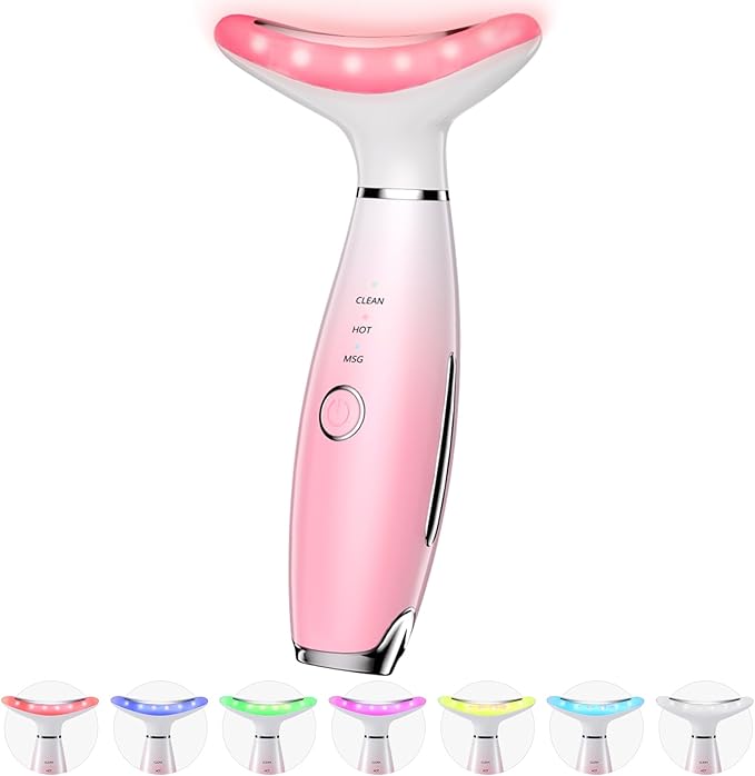 7 Color Galvanic Machines - Red Light Therapy for Face and Neck, Face Massager Tool for Wrinkles, Double Chin, Vibrating Facial Massager with Thermals, Pink-CasaMuseHome
