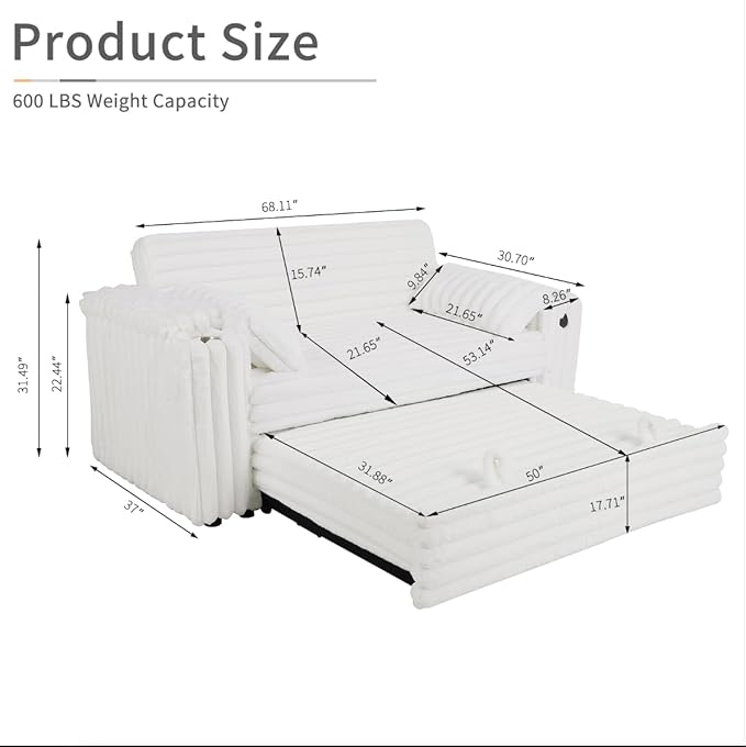 68.11" Corduroy Sleeper Chair Bed with USB Port, Cup Holders & Side Storage Pockets – 3-in-1 Foldable Sofa Bed for Guest Room, Living Room -White-CasaMuseHome