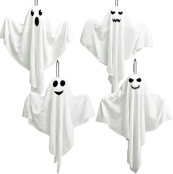 4 Pack Halloween Hanging Ghosts, 27.5" Cute Flying Ghost Decorations for Front Yard Patio Lawn Garden Party Décor and Holiday Decorations-CasaMuseHome