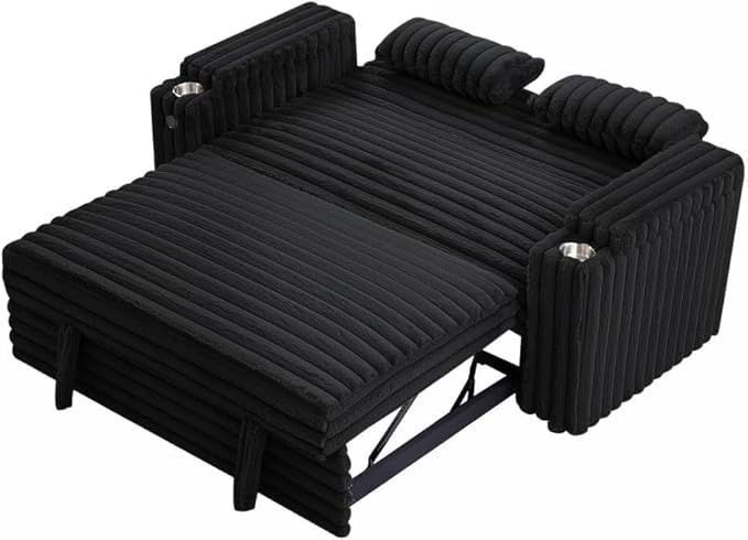 57-Inch Velvet Full Size Sleeper Sofa Couch with Pullout Bed,Convertible Pull Out with Golden Decorative Strip and Adjustable Backrest for Small Spaces,Apartment, Guest Room, RV (1109Black)-CasaMuseHome