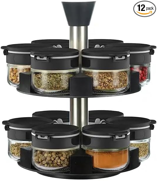 360 rotating 2 tier 12 jars spice rack (12 spice jars) Revolving Seasoning Organizer. Spinning Spice Rack for Counter top and Cabinet-CasaMuseHome