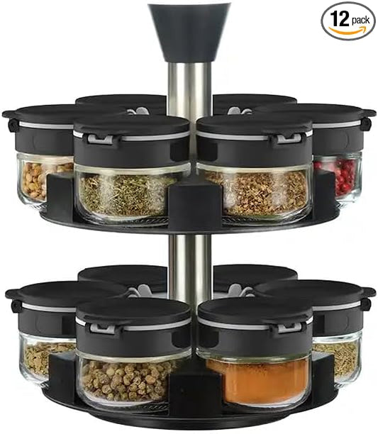 360 rotating 2 tier 12 jars spice rack (12 spice jars) Revolving Seasoning Organizer. Spinning Spice Rack for Counter top and Cabinet-CasaMuseHome