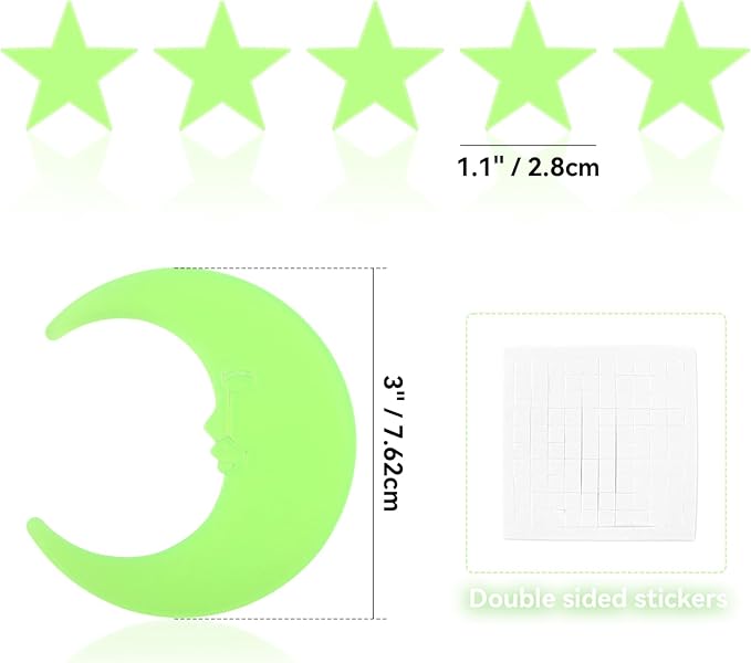 100 Stars and 1 Moon Glow in The Dark Luminous Fluorescent 3D Plastic Glow Stars Moon for Ceiling, Glowing Wall Stickers Create a Realistic Starry Sky, Room Decorations (Green)-CasaMuseHome