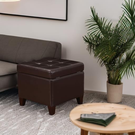Adeco 15.2" Modern Brown Faux Leather Storage Ottoman with Tufted Flip Top for Living Room, Tufted Accents Rectangular Bench for Foot Rest-CasaMuseHome