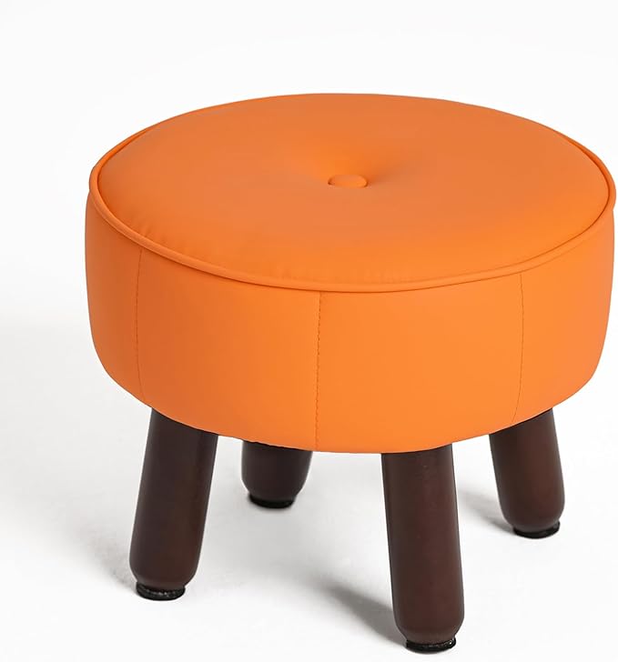13in Small Foot Stool Ottoman, Round Faux Leather Foot Rest for Couch, Under Desk Pouf Footstool Footrest with Non-Skid Rubber Legs for Ling Room, Bedroom, 13''L x 13''W x 10.2''H, Orange-CasaMuseHome
