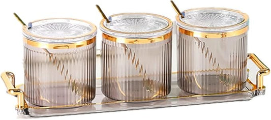 Acrylic Condiment Spice Jars,Condiment Spice Box With Lids and Spoons and Tray,Clear Plastic Condiment Canisters,Seasoning Box 3 Pack,Seasoning Box Set for Kitchen to Storage Salt,Paprika,Sugar-CasaMuseHome