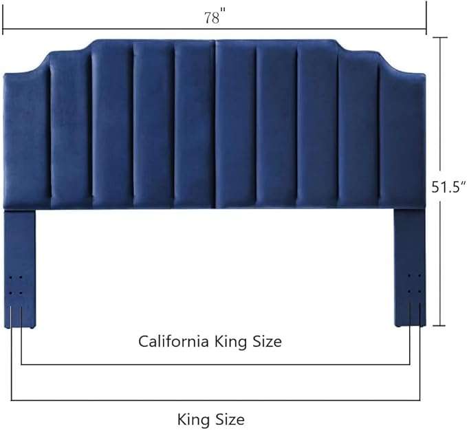 24KF Navy Blue Velvet Tufted King Upholstered Headboard, Modern Vertical Channel Design California King Headboard with Stepped Silhouette Top Edge, Navy Blue-CasaMuseHome