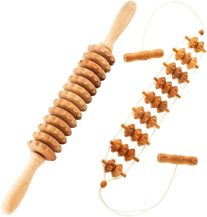 2 Pcs Wooden Sturdy Lymphatic Drainage Roller & Back Massager with Ropes, Maderotherapy, Body Sculpting- Recommended by Professionals (Roller & Massager)-CasaMuseHome