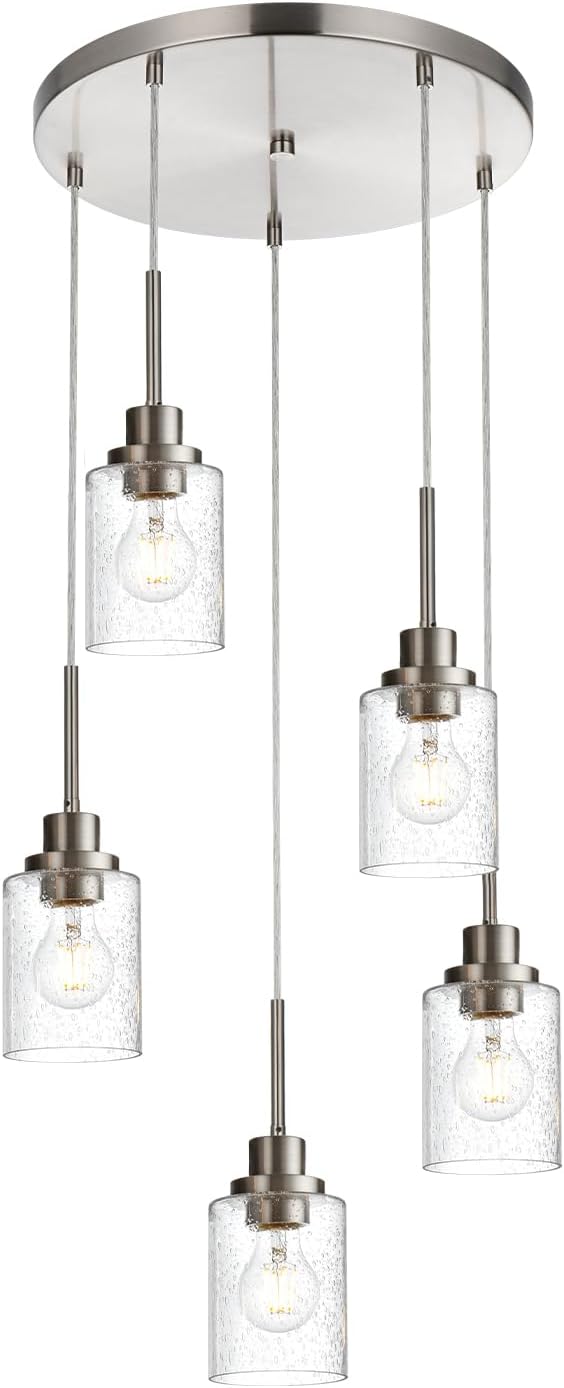 5 Light Farmhouse Pendant Lighting for Kitchen Island,Brushed Nickel Dining Room Cluster Pendant Light Fixtures Hanging Ceiling with Seeded Glass,Modern Pendant Light for Entrance Stairwell-CasaMuseHome