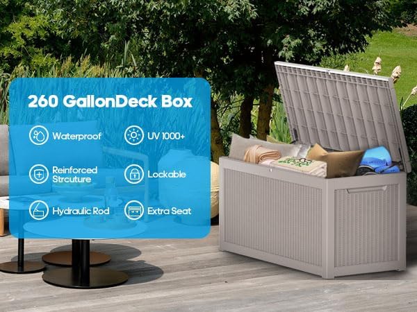 267 Gallon Deck Box Large Outdoor Storage for Patio Furniture,Outdoor Cushions,Garden Tools and Pool Supplies,Waterproof,Resin,Lockable(Grey Rattan)-CasaMuseHome