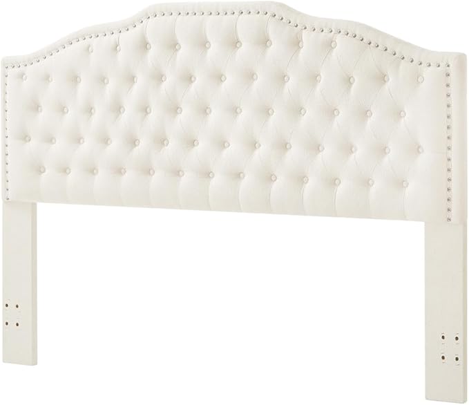 24KF Upholstered Button Tufted King Size Headboard with Nailhead Trim, Elegant Boucle Fabric California King headboard, 6031-K-Boucle-Ivory-CasaMuseHome