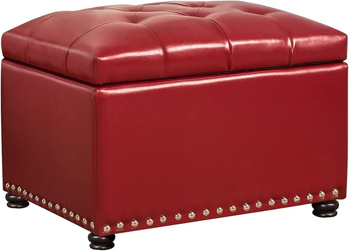 24'' Leather Storage Ottoman Rectangular Foot Rest Stool with Nailhead Trim for Bedroom Living Room(Red)-CasaMuseHome