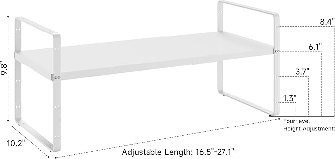 16.5~27.1" Expandable Shelf Organizer, 1Pack 10.2" Wide Stackable Cabinet Shelf Organizers, White Metal Sturdy Kitchen Counter Storage for Countertop, Adjustable Height Spice Rack-CasaMuseHome