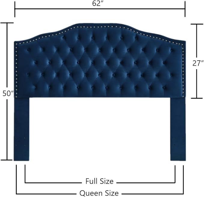 24KF Upholstered Button Tufted Queen Headboard with Nailhead Trim, Soft Velvet Fabric Headboard Queen/Full WM-6031-Q-NAVY-CasaMuseHome