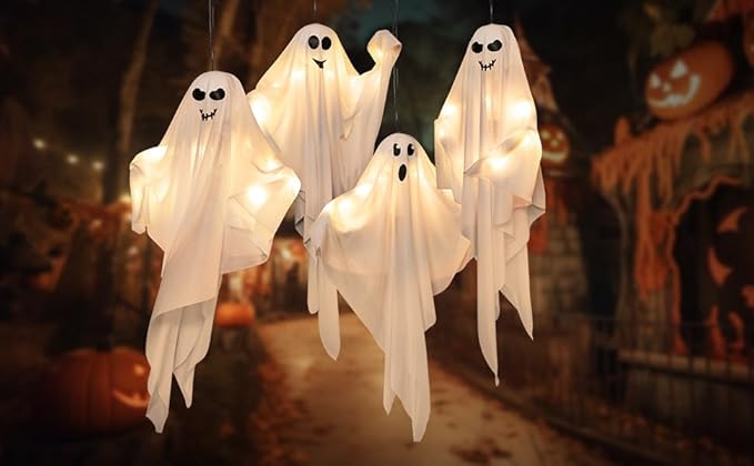 4 Pack Halloween Hanging Ghosts, 27.5 Inch with Light Up Ghost Kit for Indoor Outside Ornaments, Spooky Yard Tree Halloween Decorations Outdoor, Party Décor-CasaMuseHome