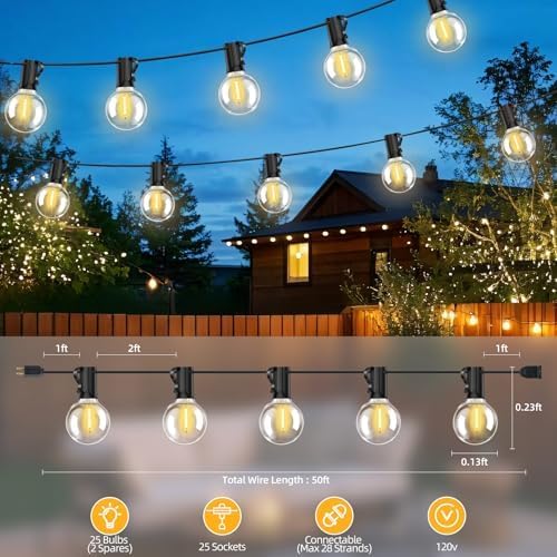 50FT G40 LED String Lights with 25 Shatterproof Bulbs (2 Spares), E12 Sockets, 2700K Warm White, eatherproof Patio Lighting for Garden,Backyard,Party,Wedding,Porch,Deck,Gazebo,Bistro,Camping-CasaMuseHome