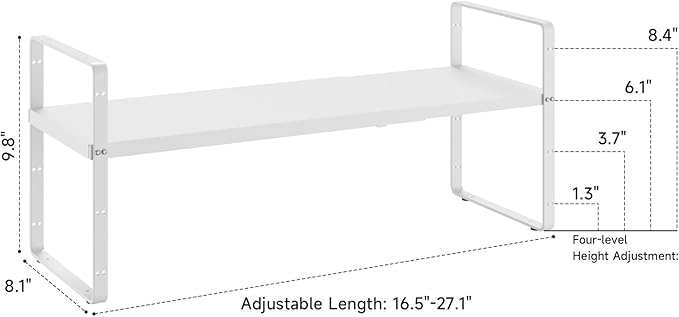 16.5~27.1" Expandable Shelf Organizer, 2Pack 8.1" Wide Stackable Cabinet Shelf Organizers, White Metal Sturdy Kitchen Counter Storage for Countertop, Adjustable Height Spice Rack-CasaMuseHome