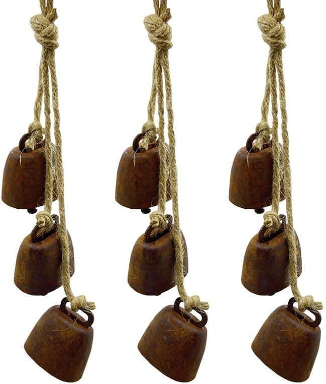 2pc Rustic Charm Bell - Handmade Hemp Rope Wind Chimes Hanging Decoration, Distressed Finish Cow Bell with Jute Hanging Rope, Perfect for Front Door, Outdoor, Window, and Home Decor,-CasaMuseHome