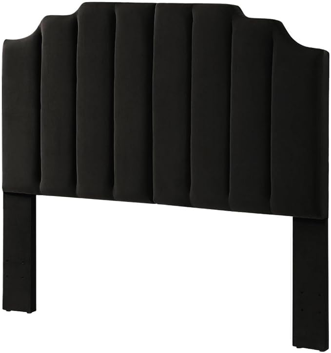 24KF Black Velvet Tufted Queen Upholstered Headboard, Modern Vertical Channel Design California Queen/Full Headboard with Stepped Silhouette Top Edge,Black-CasaMuseHome