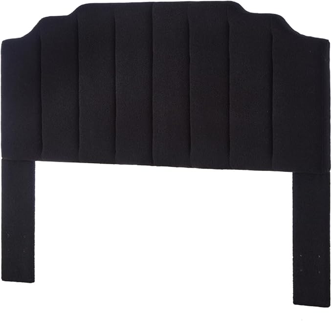24KF Black Teddy Fabric Tufted for Queen Upholstered Headboard, Modern Vertical Channel Design Full Headboard with Stepped Silhouette Top Edge, 6026-Q-Teddy Black-CasaMuseHome