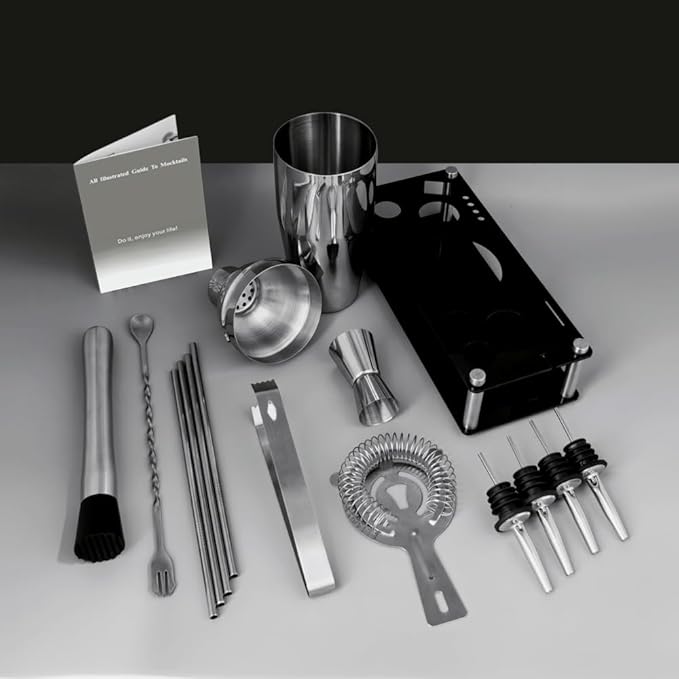 14-Piece Cocktail Shaker Set Bartender Kit with Black Stand, Bar Tool Set for Drink Mixing Bartending Kit Bar Sets Accessories: 750ml(25oz) Shaker, Jigger, Muddler, Cocktail Recipes (Silver)-CasaMuseHome
