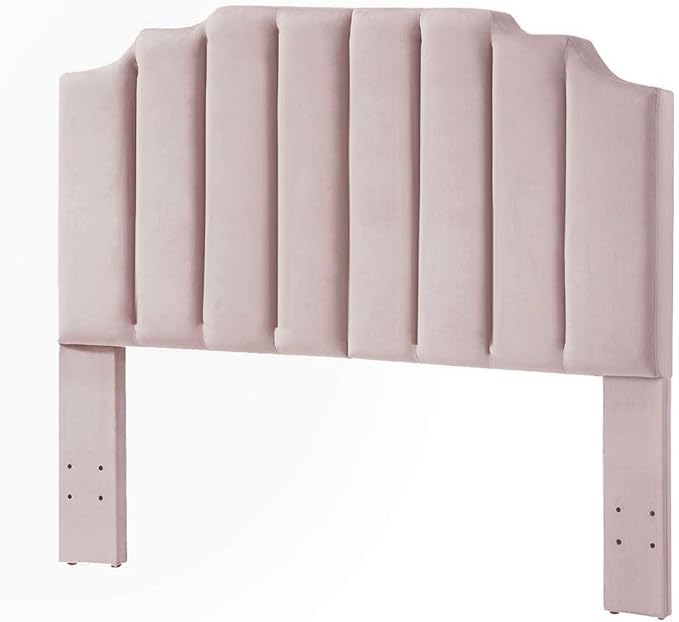 24KF Pink Velvet Tufted Queen Upholstered Headboard, Modern Vertical Channel Design California Queen/Full Headboard with Stepped Silhouette Top Edge, Pink-CasaMuseHome